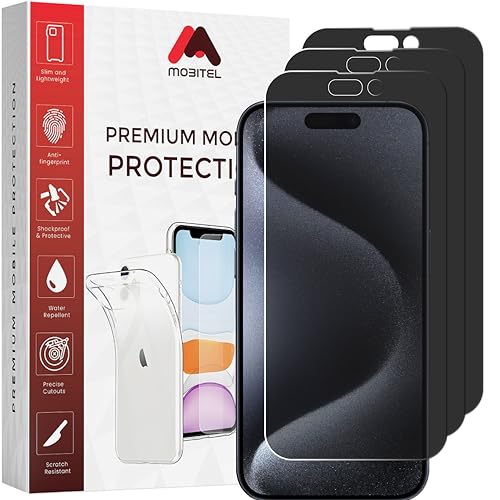 Mobitel 3 Stück Sichtschutz Glas Displayschutzfolie für iPhone 15 Pro Max, 6,7 Zoll 9H Härte gehärtetes Glas Displayschutzfolie, Anti-Spionage, Anti-Wasser, Anti-Kratzen, Blasenfrei, Hüllenfreundlich Mobitel 3 Stück Sichtschutz Glas Displayschutzfolie für iPhone 15 Pro Max, 6,7 Zoll 9H Härte gehärtetes Glas Displayschutzfolie, Anti-Spionage, Anti-Wasser, Anti-Kratzen, Blasenfrei, Hüllenfreundlich von Mobitel