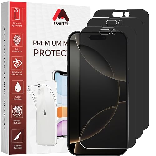 Mobitel 3 Stück Sichtschutz Glas Displayschutzfolie für iPhone 16 Pro Max, 6,1 Zoll 9H Härte Panzerglas Displayschutzfolie, Anti-Spionage, Anti-Wasser, Anti-Kratzen, Blasenfrei, Hülle Freundlich von Mobitel