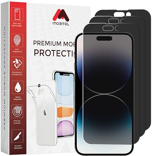 Mobitel 3 Stück Sichtschutz Schutzfolie für iPhone 14 Pro Max, 6,7 Zoll 9H Härte gehärtetes Glas, Anti-Spionage, Anti-Wasser, Anti-Kratzen, Blasenfrei, Hülle Freundlich Mobitel 3 Stück Sichtschutz Schutzfolie für iPhone 14 Pro Max, 6,7 Zoll 9H Härte gehärtetes Glas, Anti-Spionage, Anti-Wasser, Anti-Kratzen, Blasenfrei, Hülle Freundlich von Mobitel