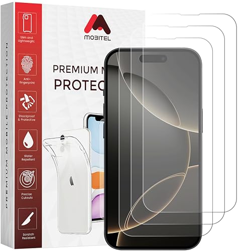 Mobitel Displayschutzfolie für iPhone 16 Pro Max, 9H Härte 6,7 Zoll, gehärtetes Glas, hüllenfreundlich, kratzfest, blasenfrei, einfache Installation, stark und empfindlich, HD-Klarheit, 3 Stück Mobitel Displayschutzfolie für iPhone 16 Pro Max, 9H Härte 6,7 Zoll, gehärtetes Glas, hüllenfreundlich, kratzfest, blasenfrei, einfache Installation, stark und empfindlich, HD-Klarheit, 3 Stück von Mobitel