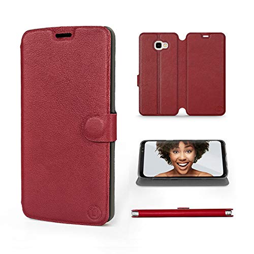 MOBIWEAR | Echt Lederhülle | Kompatibel mit Samsung Galaxy J4 Plus 2018, Made in EU handyhülle, Slim Leather Case, Premium Flip Schutzhülle, Transparent TPU Silicon, Book Style, Tasche - Dunkelrotes L von Mobiwear