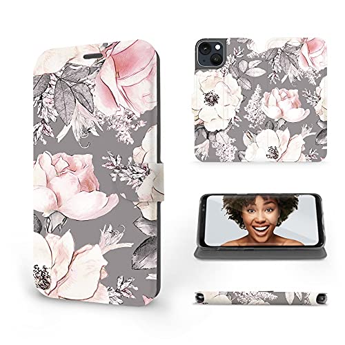 Mobiwear | Classic Slim FLIP Case | Kompatibel mit Apple iPhone 13, Made in EU handyhülle, Premium Schutzhülle, Transparent TPU Silicon, Book Style Hülle, Tasche - Pink Pastel Blumen von Mobiwear