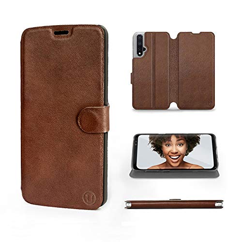 MOBIWEAR | Echt Lederhülle | Kompatibel mit Huawei Nova 5T, Made in EU handyhülle, Slim Leather Case, Premium Flip Schutzhülle, Transparent TPU Silicon, Book Style, Tasche - Braunes Leder von MOBIWEAR