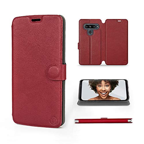 Mobiwear | Echt Lederhülle | Kompatibel mit LG G8s ThinQ, Made in EU handyhülle, Slim Leather Case, Premium Flip Schutzhülle, Transparent TPU Silicon, Book Style, Tasche - Dunkelrotes Leder von Mobiwear