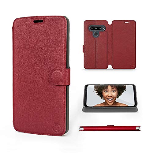 Mobiwear | Echt Lederhülle | Kompatibel mit LG G8s ThinQ, Made in EU handyhülle, Slim Leather Case, Premium Flip Schutzhülle, Transparent TPU Silicon, Book Style, Tasche - Dunkelrotes Leder von MOBIWEAR