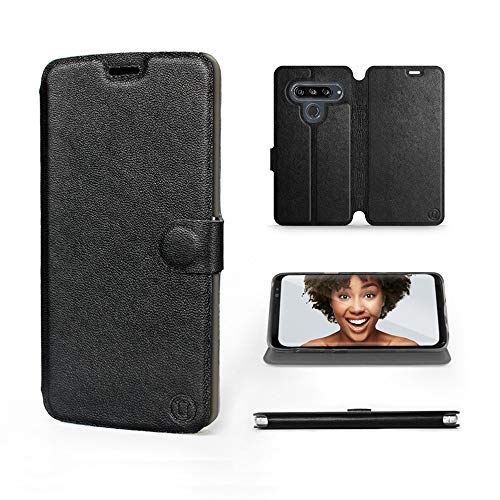 Mobiwear | Echt Lederhülle | Kompatibel mit LG G8s ThinQ, Made in EU handyhülle, Slim Leather Case, Premium Flip Schutzhülle, Transparent TPU Silicon, Book Style, Tasche - Schwarzes Leder von Mobiwear