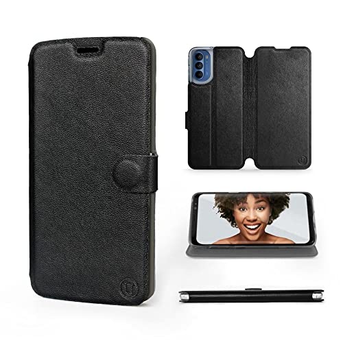 Mobiwear | Echt Lederhülle | Kompatibel mit Motorola Moto G41, Made in EU handyhülle, Slim Leather Case, Premium Flip Schutzhülle, Transparent TPU Silicon, Book Style, Tasche - Schwarzes Leder von Mobiwear