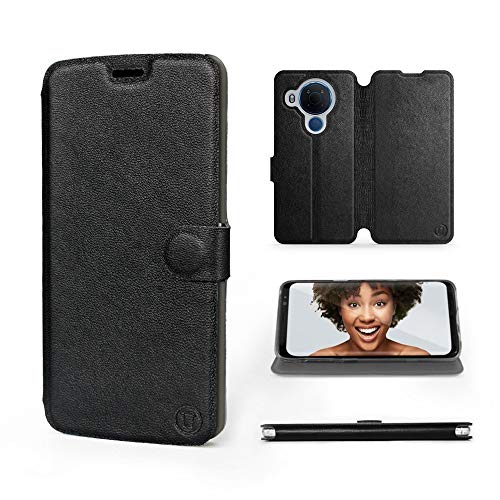 MOBIWEAR | Echt Lederhülle | Kompatibel mit Nokia 5.4, Made in EU handyhülle, Slim Leather Case, Premium Flip Schutzhülle, Transparent TPU Silicon, Book Style, Tasche - Schwarzes Leder von MOBIWEAR