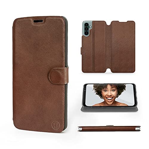 MOBIWEAR | Echt Lederhülle | Kompatibel mit Samsung Galaxy A04S, Made in EU handyhülle, Slim Leather Case, Premium Flip Schutzhülle, Transparent TPU Silicon, Book Style, Tasche - Braunes Leder von MOBIWEAR