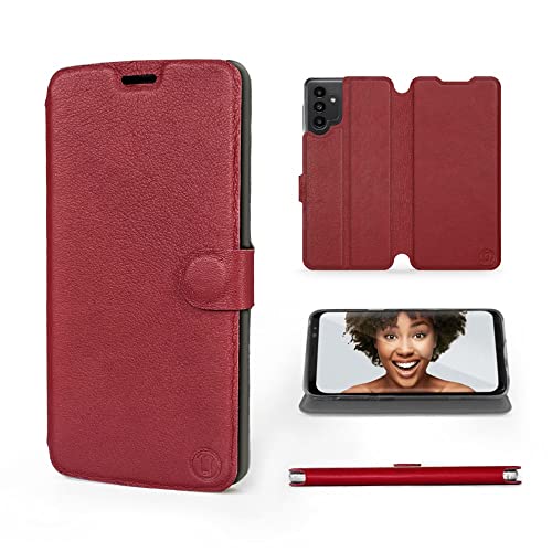 Mobiwear | Echt Lederhülle | Kompatibel mit Samsung Galaxy A13 5G, Made in EU handyhülle, Slim Leather Case, Premium Flip Schutzhülle, Transparent TPU Silicon, Book Style, Tasche - Dunkelrotes Leder von Mobiwear