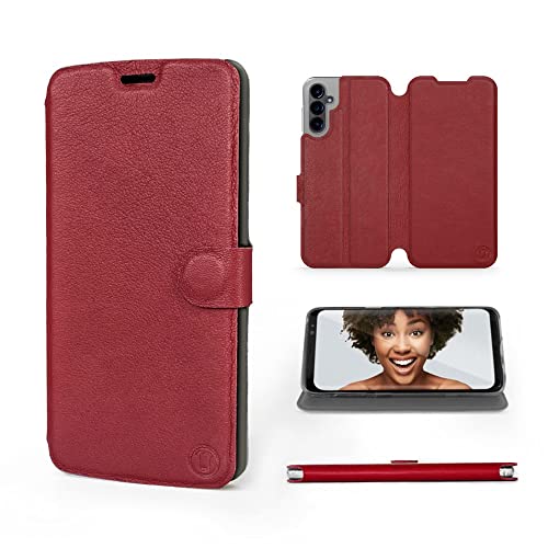 Mobiwear | Echt Lederhülle | Kompatibel mit Samsung Galaxy A14 4G, Made in EU handyhülle, Slim Leather Case, Premium Flip Schutzhülle, Transparent TPU Silicon, Book Style, Tasche - Dunkelrotes Leder von Mobiwear