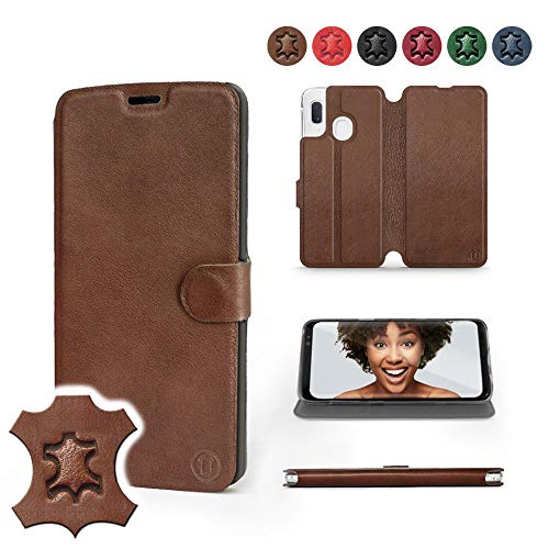 Mobiwear | Echt Lederhülle | Kompatibel mit Samsung Galaxy A20e, Made in EU handyhülle, Slim Leather Case, Premium Flip Schutzhülle, Transparent TPU Silicon, Book Style, Tasche - Braunes Leder von Mobiwear