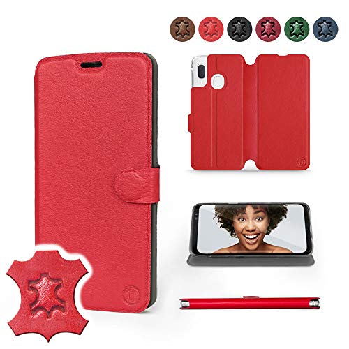 Mobiwear | Echt Lederhülle | Kompatibel mit Samsung Galaxy A20e, Made in EU handyhülle, Slim Leather Case, Premium Flip Schutzhülle, Transparent TPU Silicon, Book Style, Tasche - Rotes Leder von Mobiwear