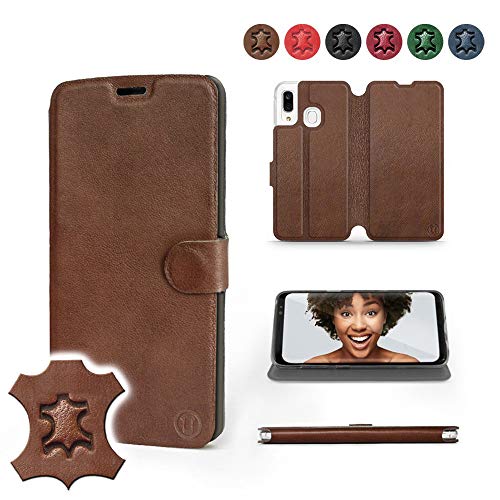 Mobiwear | Echt Lederhülle | Kompatibel mit Samsung Galaxy A40, Made in EU handyhülle, Slim Leather Case, Premium Flip Schutzhülle, Transparent TPU Silicon, Book Style, Tasche - Braunes Leder von Mobiwear