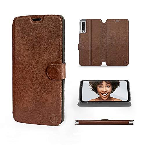 Mobiwear | Echt Lederhülle | Kompatibel mit Samsung Galaxy A7 2018, Made in EU handyhülle, Slim Leather Case, Premium Flip Schutzhülle, Transparent TPU Silicon, Book Style, Tasche - Braunes Leder von Mobiwear