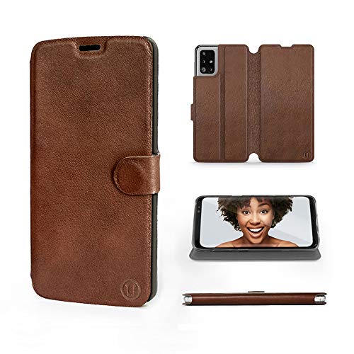 MOBIWEAR | Echt Lederhülle | Kompatibel mit Samsung Galaxy M51, Made in EU handyhülle, Slim Leather Case, Premium Flip Schutzhülle, Transparent TPU Silicon, Book Style, Tasche - Braunes Leder von MOBIWEAR