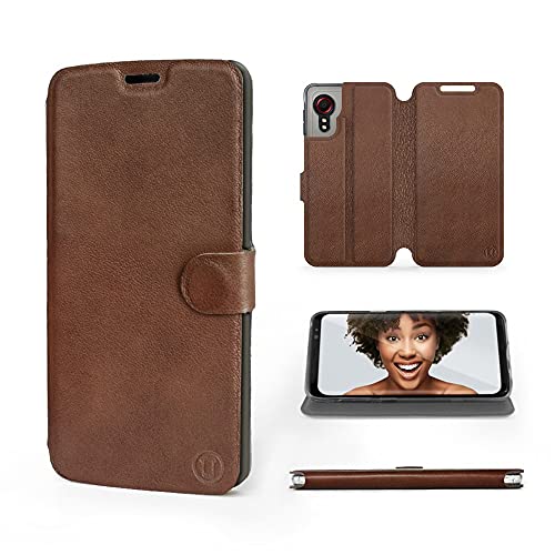 MOBIWEAR | Echt Lederhülle | Kompatibel mit Samsung Galaxy Xcover 5, Made in EU handyhülle, Slim Leather Case, Premium Flip Schutzhülle, Transparent TPU Silicon, Book Style, Tasche - Braunes Leder von MOBIWEAR