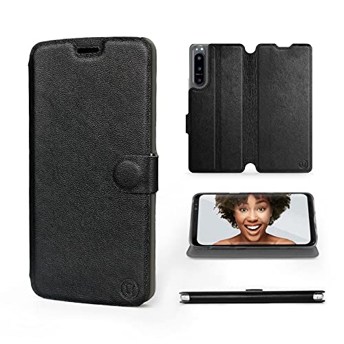 Mobiwear | Echt Lederhülle | Kompatibel mit Sony Xperia 5 IV, Made in EU handyhülle, Slim Leather Case, Premium Flip Schutzhülle, Transparent TPU Silicon, Book Style, Tasche - Schwarzes Leder von Mobiwear