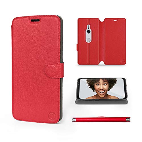 Mobiwear | Echt Lederhülle | Kompatibel mit Sony Xperia XZ3, Made in EU handyhülle, Slim Leather Case, Premium Flip Schutzhülle, Transparent TPU Silicon, Book Style, Tasche - Rotes Leder von Mobiwear