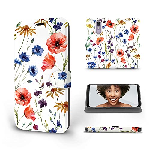 MOBIWEAR | Slim FLIP Case | Kompatibel mit LG Q7, Made in EU handyhülle, Premium Schutzhülle, Transparent TPU Silicon, Book Style Hülle, Tasche - Feldblumen von MOBIWEAR
