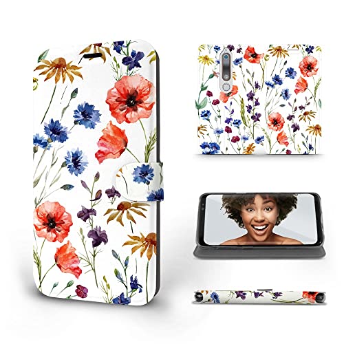 MOBIWEAR | Slim FLIP Case | Kompatibel mit Nokia 6.1, Made in EU handyhülle, Premium Schutzhülle, Transparent TPU Silicon, Book Style Hülle, Tasche - Feldblumen von MOBIWEAR