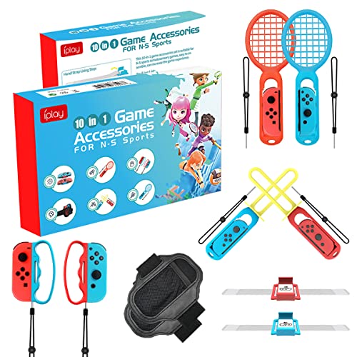 10 in 1 NS Switch Sport Spiel Zubehör, Switch Sport Zubehör Bündeln Set Das Somatosensorische Set mit 2 Schwerter 2 Tennisschläger 2 Bowling-Griff 2 Armbänder 2 Beinschlaufen von Mocoli