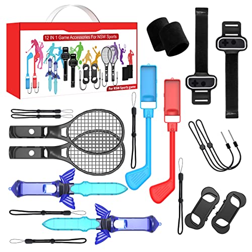 12 in 1 NS Switch Sport Spiel Zubehör, Switch Sport Zubehör Bündeln Set Das Somatosensorische Set mit 2 Golfschläger 2 Kleiner Griff 1 Beinriemen1 Handschlaufe 2 Tennisschläger 2 Minischwert 2 Armband von Mocoli