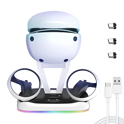 Ladestation für PS5 VR2 Controller, Schnellladeständer Magnetische Schnittstelle für VR2 Playstation mit Headset Ständer & RGB-Beleuchtung & USB C Kabel & 3 Magnetischer Typ C Stecker von Mocoli