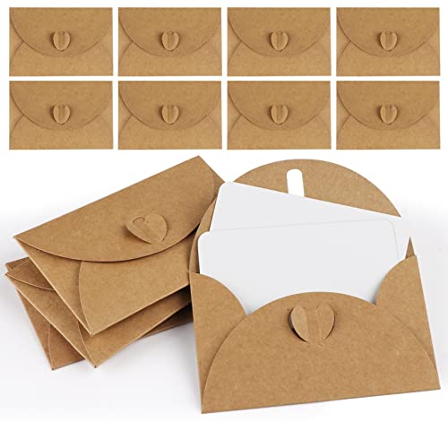 Mocraft 25 Mini Briefumschläge mit Karten Vintage Mini Kraftpapier Umschläge Blanko Kärtchen kleine briefumschlägemit Herz Verschluss für Geschenkkarten DIY Dankeskarten von Mocraft