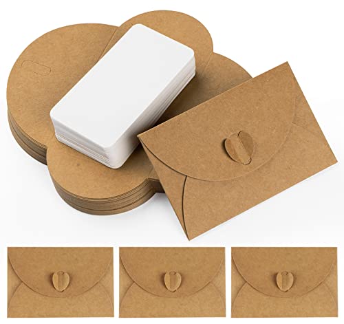 Mocraft 50 Mini Briefumschläge mit Karten Vintage Mini Kraftpapier Umschläge Blanko Kärtchen kleine briefumschlägemit Herz Verschluss für Geschenkkarten DIY Dankeskarten von Mocraft