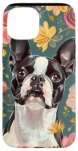 Hülle für iPhone 15 Blaues Vintage-Blumenmuster Boston Terrier von Modern Aesthetic Design Studio