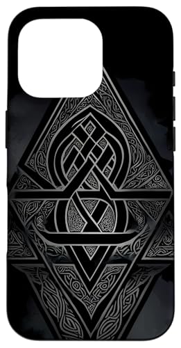 Hülle für iPhone 16 Pro Schwarzes, abstraktes Wikinger-Symbol mit Blumenmuster, Valknut, nord von Modern Aesthetic Design Studio