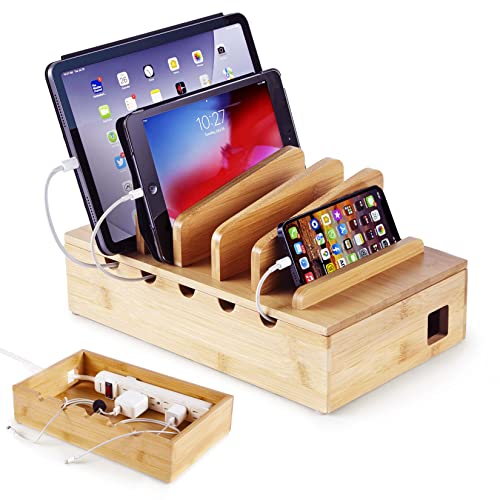 Modern Innovations Bambus-Ladestation für mehrere Geräte (natürlich) Holz-Geräte-Organizer, Schreibtisch-Dockingständer für Handy-Ladegerät, kompatibel mit Apple, Android, iPad, iPhone, Tablet, Laptop von Modern Innovations