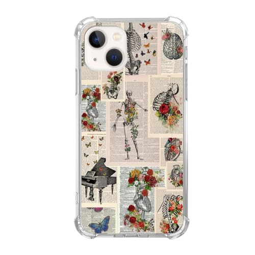 Mofreore Floral Skull Zeitung Hülle Kompatibel mit iPhone 14 Anatomie Skelett Hülle für iPhone 14 Cool TPU Bumper Handyhülle von Mofreore