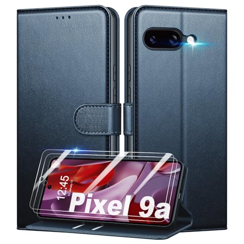 Mofurd Handyhülle für Google Pixel 9a Hülle Mit 2 Panzerfolie, [RFID-Blockierung] [Kartenfach] [Ständer] Premium PU Magnet Klappbar hülle mit Panzerglas, Multifunktional, Blau von Mofurd