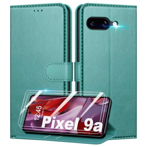 Mofurd Handyhülle für Google Pixel 9a Hülle Mit 2 Panzerfolie, [RFID-Blockierung] [Kartenfach] [Ständer] Premium PU Magnet Klappbar hülle mit Panzerglas, Multifunktional, Grün von Mofurd