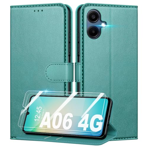 Mofurd Handyhülle für Samsung Galaxy A06 Hülle Mit 2 Panzerfolie, [RFID-Blockierung] [Kartenfach] [Ständer] Premium PU Magnet Klappbar hülle mit Panzerglas, Multifunktional, Grün von Mofurd