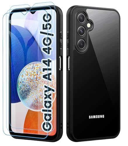 Mofurd Handyhülle für Samsung Galaxy A14 4G/5G Hülle mit 3 Stück Schutzfolie, Hybrid 2-1 Harte PC-Rückseite Flexibler TPU-Rand Schützende Hülle Stoßfest, Anti-Vergilbung, Bequemer-Griff (Schwarz Klar) von Mofurd