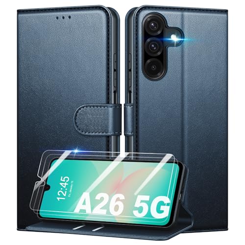 Mofurd Handyhülle für Samsung Galaxy A26 5G Hülle Mit 2 Panzerfolie, [RFID-Blockierung] [Kartenfach] [Ständer] Premium PU Magnet Klappbar hülle mit Panzerglas, Multifunktional, Blau von Mofurd
