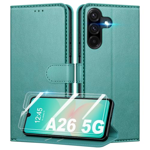 Mofurd Handyhülle für Samsung Galaxy A26 5G Hülle Mit 2 Panzerfolie, [RFID-Blockierung] [Kartenfach] [Ständer] Premium PU Magnet Klappbar hülle mit Panzerglas, Multifunktional, Grün von Mofurd