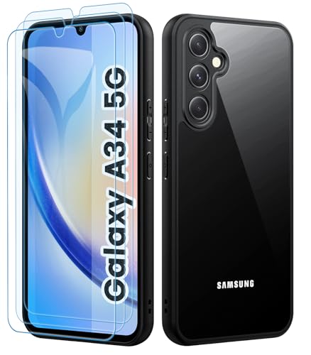 Mofurd Handyhülle für Samsung Galaxy A34 5G Hülle mit 3 Stück Schutzfolie, Hybrid 2-1 Harte PC-Rückseite Flexibler TPU-Rand Schützende Hülle, Stoßfest, Anti-Vergilbung, Bequemer-Griff (Schwarz Klar) von Mofurd