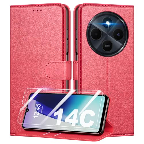 Mofurd Handyhülle für Xiaomi Redmi 14C/ Xiaomi Poco C75 Hülle Mit 2 Panzerfolie, [RFID-Blockierung] [Kartenfach] [Ständer] Premium PU Magnet Klappbar hülle mit Panzerglas, Multifunktional, Rot von Mofurd