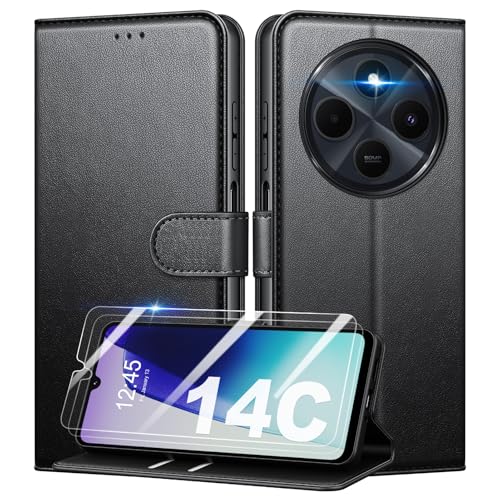 Mofurd Handyhülle für Xiaomi Redmi 14C/ Xiaomi Poco C75 Hülle Mit 2 Panzerfolie, [RFID-Blockierung] [Kartenfach] [Ständer] Premium PU Magnet Klappbar hülle mit Panzerglas, Multifunktional, Schwarz von Mofurd