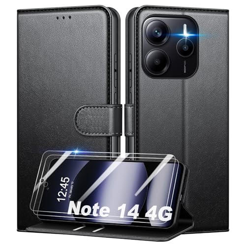 Mofurd Handyhülle für Xiaomi Redmi Note 14 4G (Nicht für 5G) Hülle Mit 2 Panzerfolie, [RFID-Blockierung] [Kartenfach] [Ständer] Premium PU Magnet Klappbar hülle Panzerglas, Multifunktional, Schwarz von Mofurd