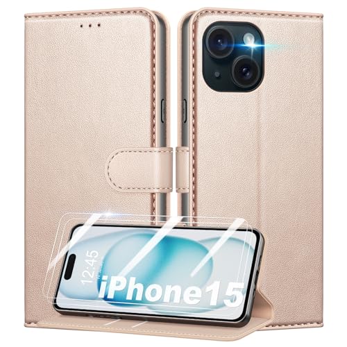 Mofurd Handyhülle für iPhone 15 Hülle Mit 2 Panzerfolie, [RFID-Blockierung] [Kartenfach] [Ständer] Premium PU Leder Magnet Klappbar hülle mit Panzerglas, Multifunktional, Rosa von Mofurd