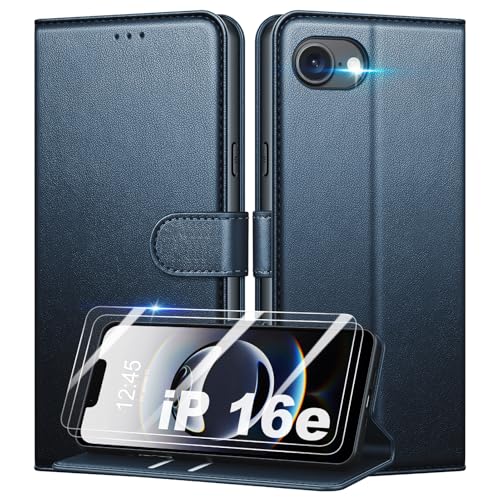 Mofurd Handyhülle für iPhone 16e Hülle Mit 2 Panzerfolie, [RFID-Blockierung] [Kartenfach] [Ständer] Premium PU Magnet Klappbar hülle mit Panzerglas, Multifunktional, Blau von Mofurd