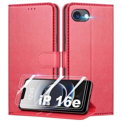 Mofurd Handyhülle für iPhone 16e Hülle Mit 2 Panzerfolie, [RFID-Blockierung] [Kartenfach] [Ständer] Premium PU Magnet Klappbar hülle mit Panzerglas, Multifunktional, Rot von Mofurd