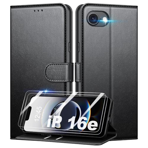 Mofurd Handyhülle für iPhone 16e Hülle Mit 2 Panzerfolie, [RFID-Blockierung] [Kartenfach] [Ständer] Premium PU Magnet Klappbar hülle mit Panzerglas, Multifunktional, Schwarz von Mofurd