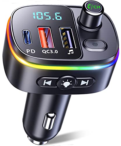 Mohard Bluetooth Adapter Auto, PD 18W&QC3.0 FM Transmitter Auto, 9 RGB Beleuchtungsmodi, 3 USB Anschlüss Auto Ladegerät, Unterstützt Freisprechfunktion, Siri Google Assistant, USB-Disk, Schwarz von Mohard