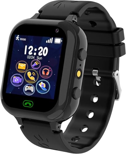 Kinder Smartwatch, Smartwatch Kinder mit Telefon SIM SMS 25 Spiel SOS Kamera Wecker Musik Schrittzähler Fackel Zähler Schreiber, Kinderuhr für Jungen Mädchen 4-12 Jahre Student Geschenk (Schwarz) von Moikmlih